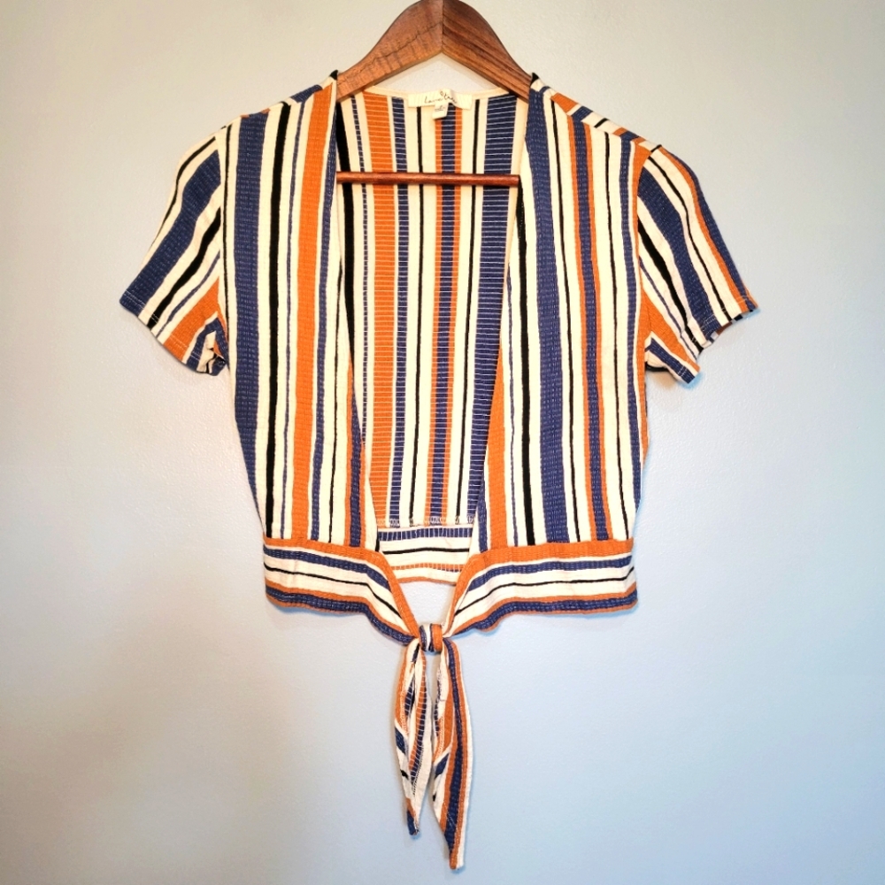 Love Tree Front‎ Tie Crop Top Striped Blue/Tan Juniors Size S Lightweight